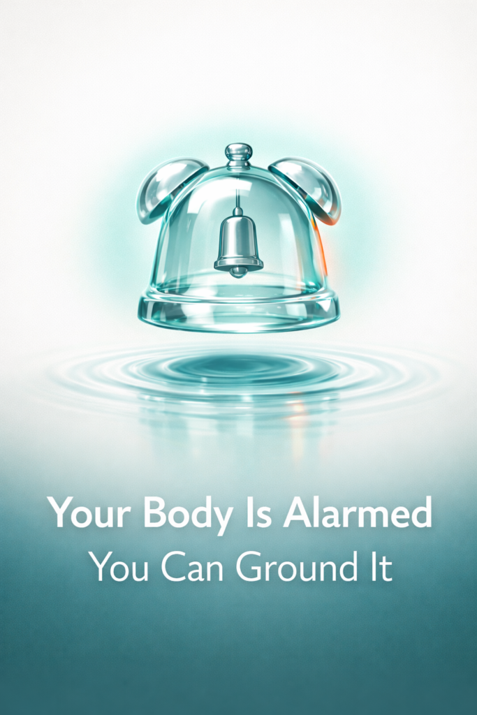 Abstract alarm bell and ripple halo with teal glow on an off white background