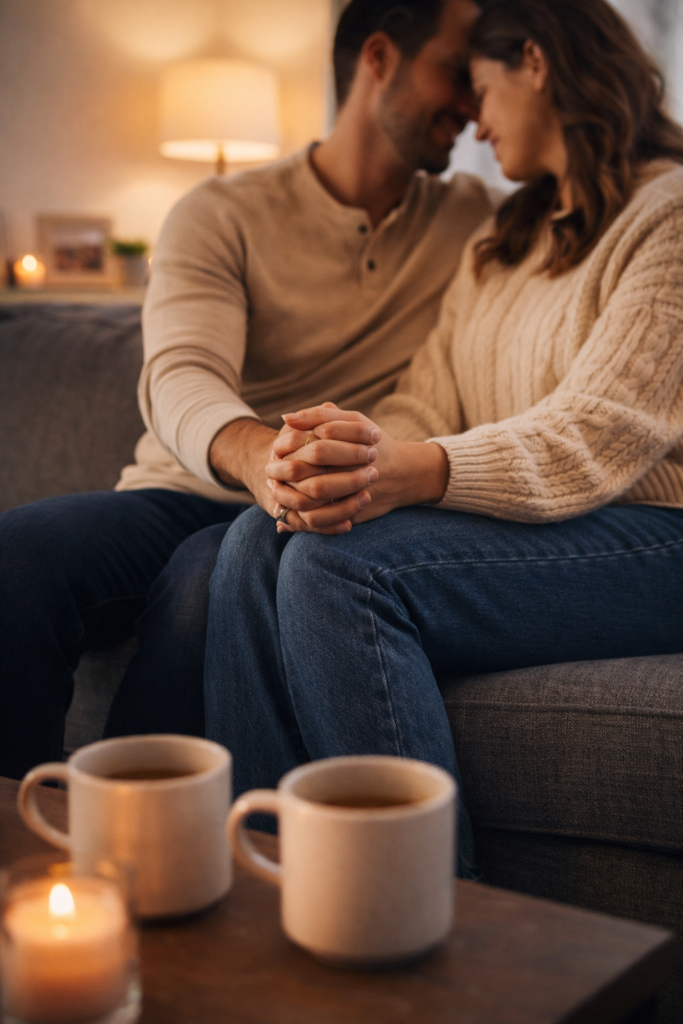 Couple sitting close on a couch holding hands in a warm living room