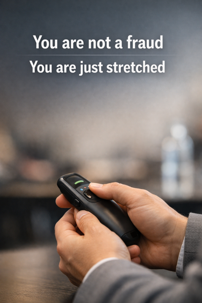 Hands holding a clicker in a meeting room with a supportive message about self doubt.