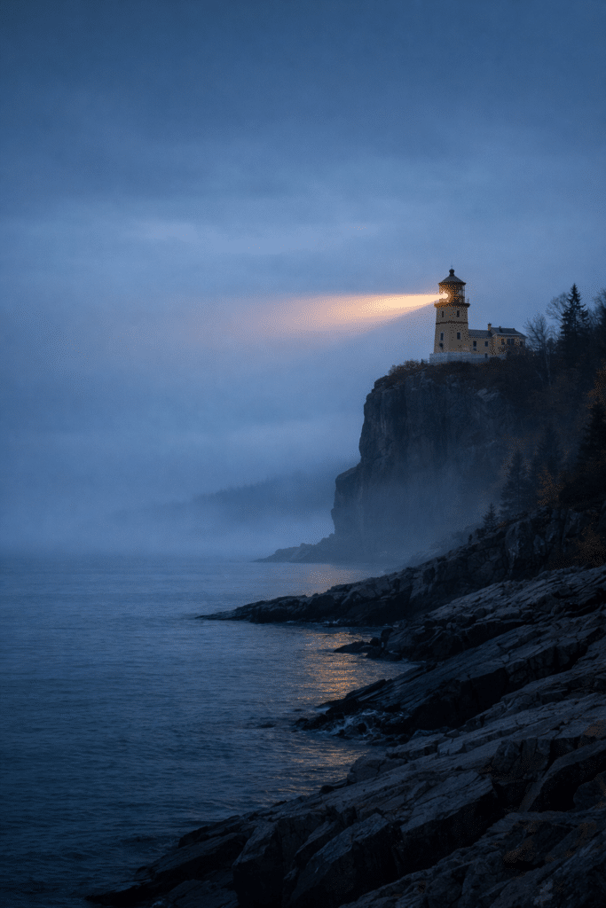 Split Rock Lighthouse on the Minnesota North Shore shining a warm beam through fog at dusk.