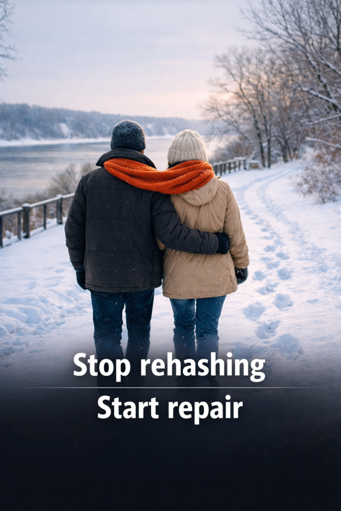 Two bundled figures walking side by side, seen from behind, Relationship repair