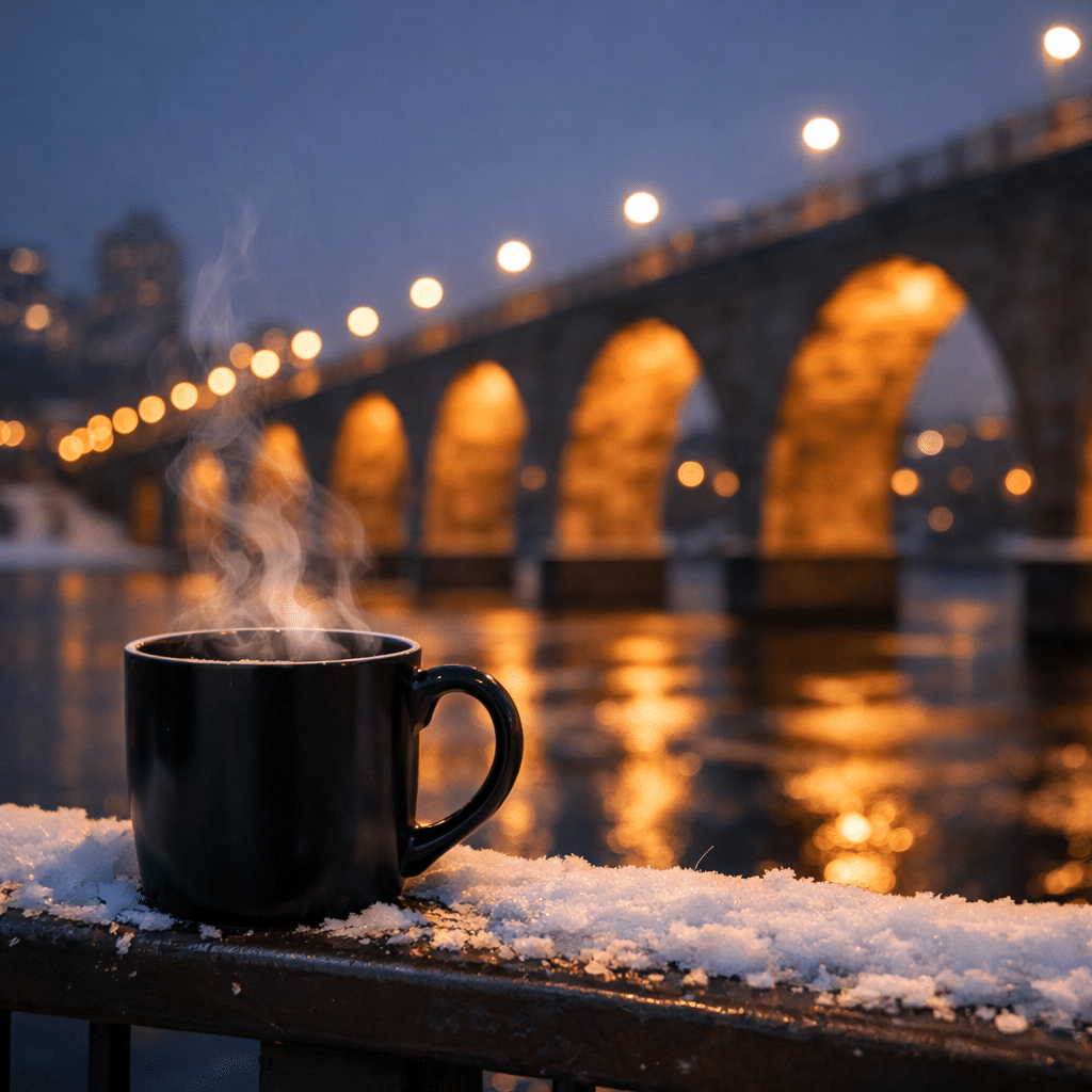Steaming coffee cup in front of Stone Arch Bridge lights on a winter evening in Minneapolis.